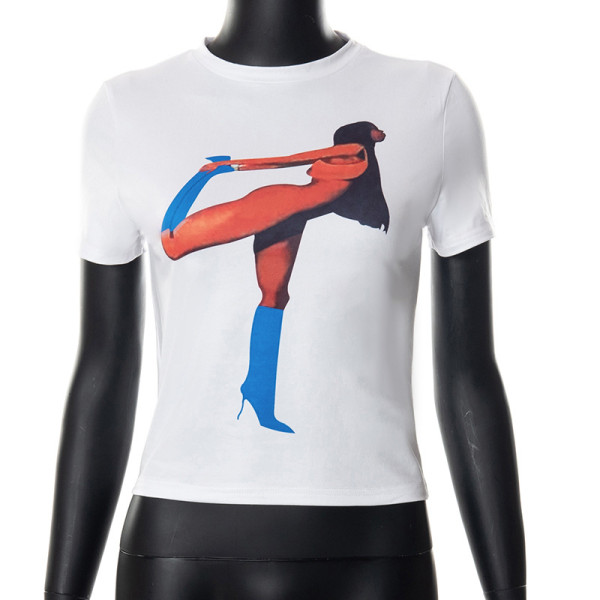 Printed Round Neck Cropped Navel Short Sleeve Casual T-Shirt Top Women