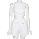 Solid Color Slim Fit Sleeveless Crop Vest Loose Straight Casual Shorts Set