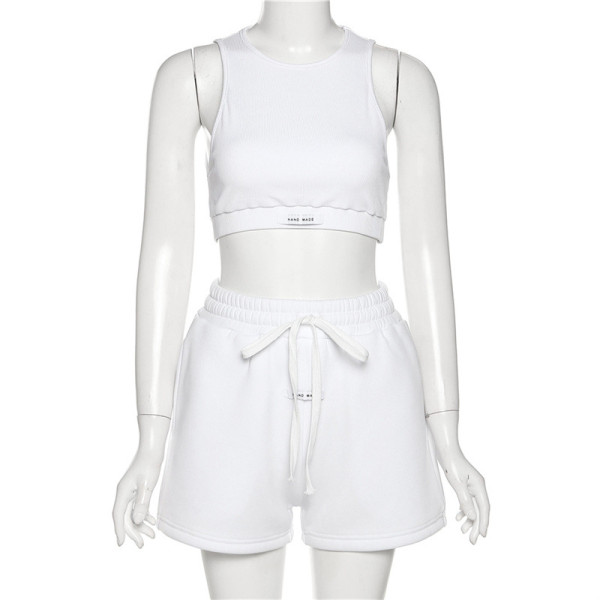 Solid Color Slim Fit Sleeveless Crop Vest Loose Straight Casual Shorts Set
