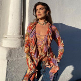 Women's sexy fungus edge stitching irregular long-sleeved low-cut printed lace-up top women