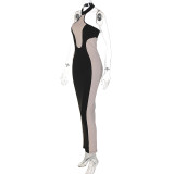 Contrast Panel Sleeveless Halter Sexy Backless Slim Dress