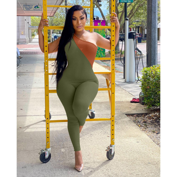 Women's Fashion Slant Collar Zip Double Piece Solid Color Topless Jumpsuit