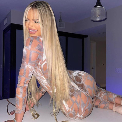 Women's Fashion Digital Printing Mesh See-Through High Waist Bodysuit