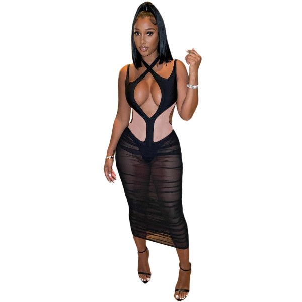 Mesh-paneled off-the-shoulder sleeveless slip dress