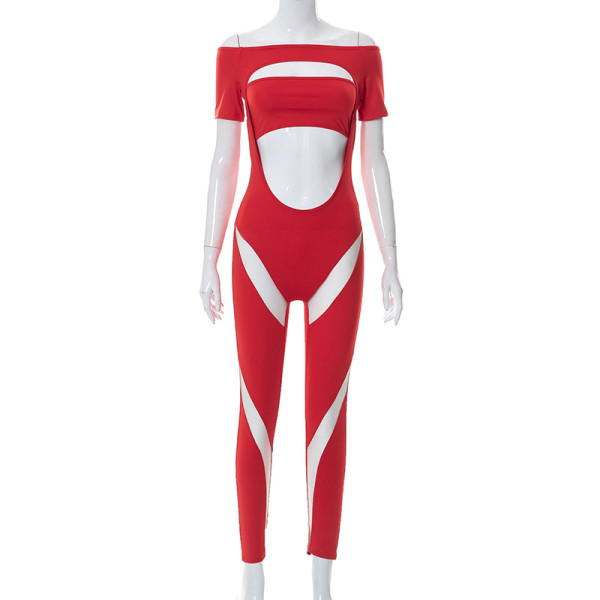 One-shoulder short-sleeve leak navel skinny trousers jumpsuit