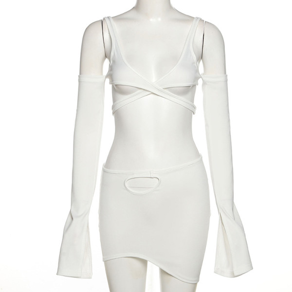 Sexy Hollow Open Back Slim Top Irregular Hips Package Short Skirt Suit