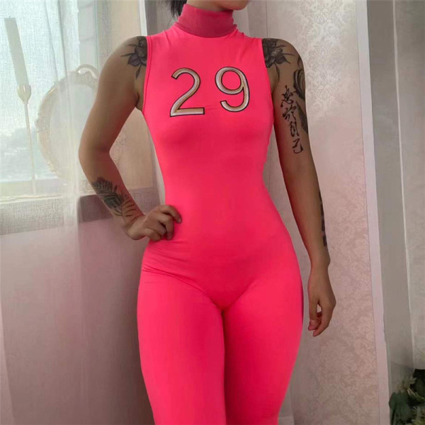 Fashion Letter Embroidered Sleeveless High Waist Skinny Athleisure Jumpsuit