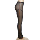 Fashion Contrast Color Thread Sexy Mesh Perspective High Waist Tight Casual Pants