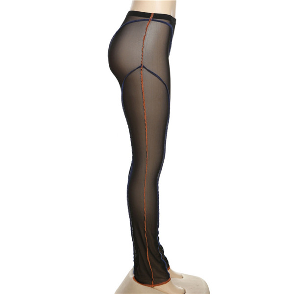 Fashion Contrast Color Thread Sexy Mesh Perspective High Waist Tight Casual Pants