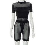 Sexy Short Sleeve Jumpsuit Hollow Mesh Perspective Shorts Suit Women