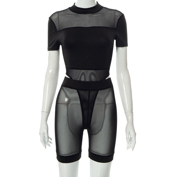 Sexy Short Sleeve Jumpsuit Hollow Mesh Perspective Shorts Suit Women
