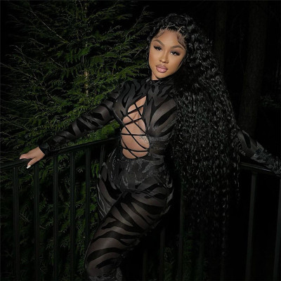 Sexy Mesh Hollow See-Through Flocking High Waist Bodysuit