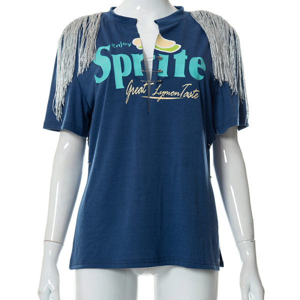 Printed Hip Hop Street Slit Fringe Short Sleeve T-Shirt