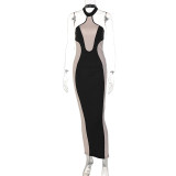 Contrast Panel Sleeveless Halter Sexy Backless Slim Dress