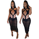 Mesh-paneled off-the-shoulder sleeveless slip dress