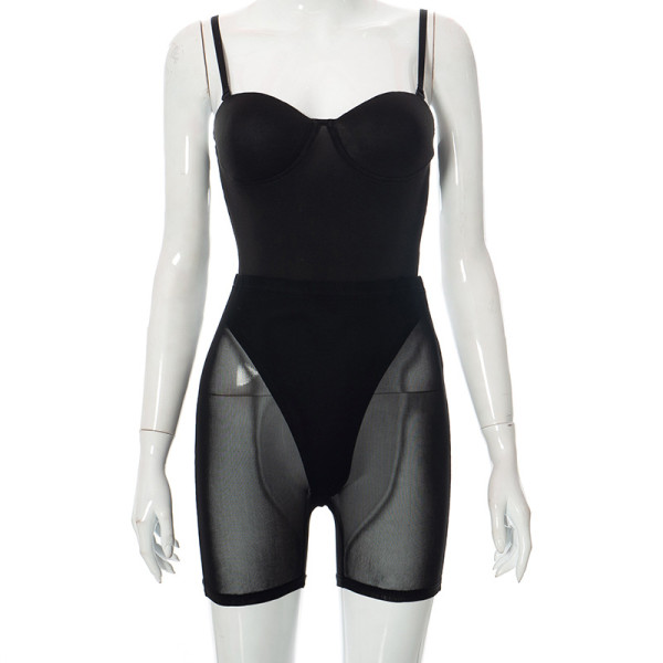 Sexy Sling Bodysuit High Waist Hollow Mesh Short Suit Women