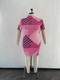 Plus Size Women's Stretch Short Sleeve Digital Print Drawstring Dress