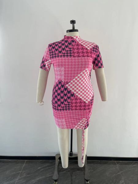 Plus Size Women's Stretch Short Sleeve Digital Print Drawstring Dress