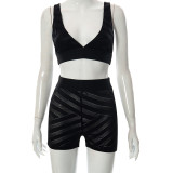 Solid Color Sling Backless Casual High Waist Shorts Suit