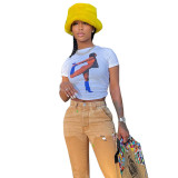 Printed Round Neck Cropped Navel Short Sleeve Casual T-Shirt Top Women