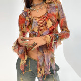 Women's sexy fungus edge stitching irregular long-sleeved low-cut printed lace-up top women