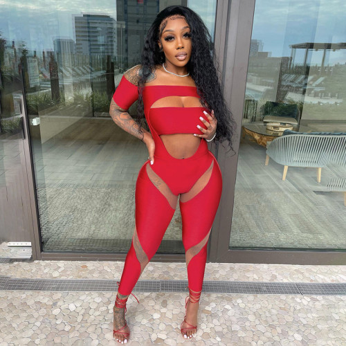 One-shoulder short-sleeve leak navel skinny trousers jumpsuit