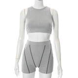 Solid Color Crew Neck Vest High Waist Casual Shorts Set