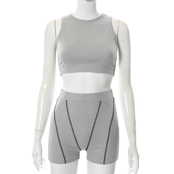 Solid Color Crew Neck Vest High Waist Casual Shorts Set