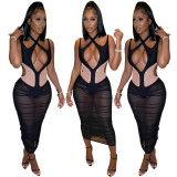 Mesh-paneled off-the-shoulder sleeveless slip dress