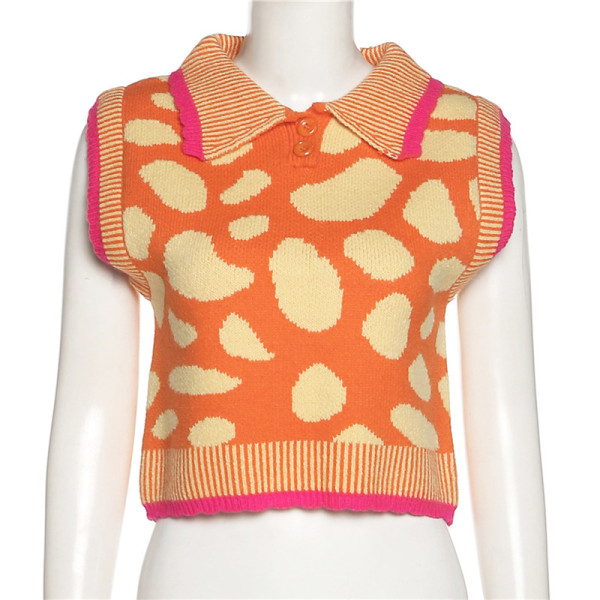 Fashion Contrast Slim Fit Lapel Single Breasted Sleeveless Knit Top