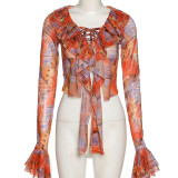 Women's sexy fungus edge stitching irregular long-sleeved low-cut printed lace-up top women