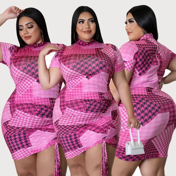 Plus Size Women's Stretch Short Sleeve Digital Print Drawstring Dress