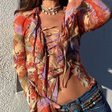 Women's sexy fungus edge stitching irregular long-sleeved low-cut printed lace-up top women