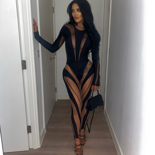 Sexy mesh perspective contrast color stitching tight-fitting long-sleeved one-piece top for women