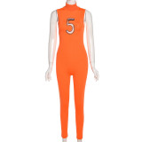 Fashion Letter Embroidered Sleeveless High Waist Skinny Athleisure Jumpsuit