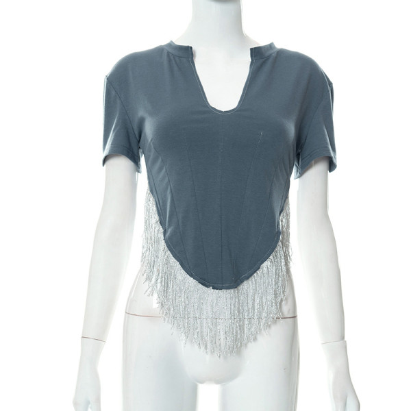 Solid Color V-Neck Short Sleeve Sexy Slim Fit Fringe Top