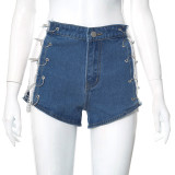 Sexy Personality Eyelet Chain Cutout Denim Shorts