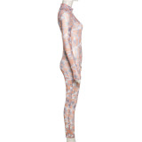 Women's Fashion Digital Printing Mesh See-Through High Waist Bodysuit