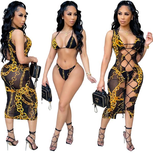 Women's Sexy Mesh Bikini Cutout Three Piece Swimsuit