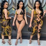 Women's Sexy Mesh Bikini Cutout Three Piece Swimsuit