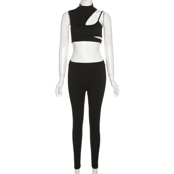 Cutout Slim Fit Sleeveless Vest High Waist Pack Hip Pants Set