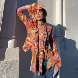 Women's sexy fungus edge stitching irregular long-sleeved low-cut printed lace-up top women