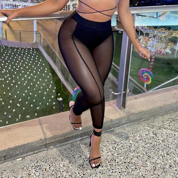 Sexy Mesh Panel Cutout High Waist Skinny Hip Lift Pants Set