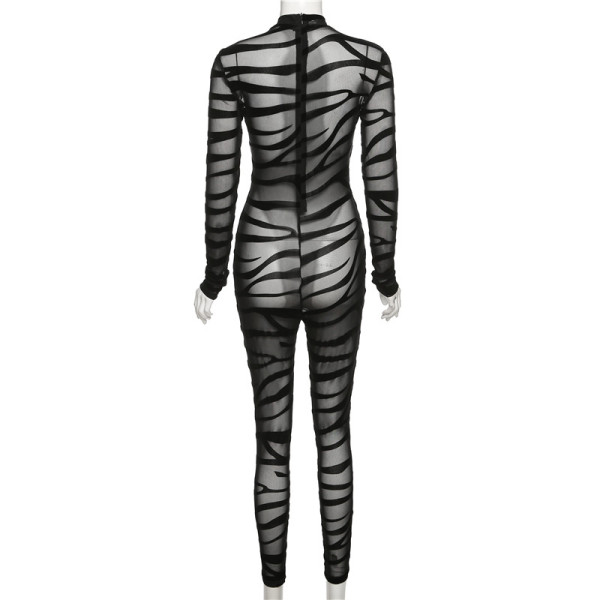 Sexy Mesh Hollow See-Through Flocking High Waist Bodysuit