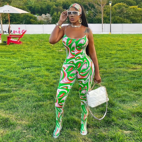 Women's Fashion Printed Backless Sling High Waist Bodysuit