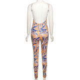 Women's Fashion Printed Backless Sling High Waist Bodysuit