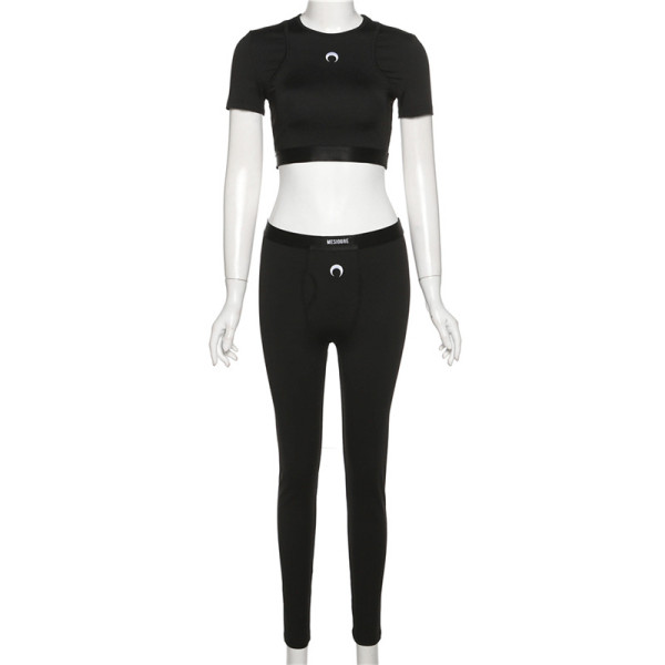 Fashion Embroidered Slim Navel Top High Waist Tight Pants Suit Women