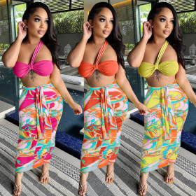 Sexy High Waist Patchwork Print Two Piece Dress Suit