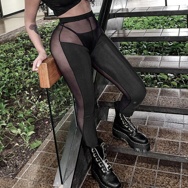 Solid Color Sexy Perspective High Waist Hollow Mesh Trousers