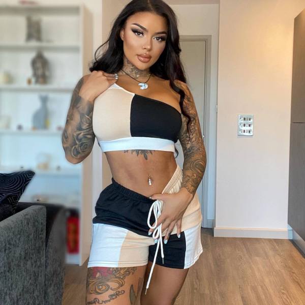 Sleeveless off-the-shoulder casual sports two-piece set with positioning print
